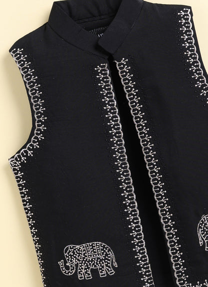 Boys  Silk  Blend Zari Work  Nehru Jacket with Elephant Motifs ,Full Sleeve Kurta and Pajama Ethnic Set - BLACK