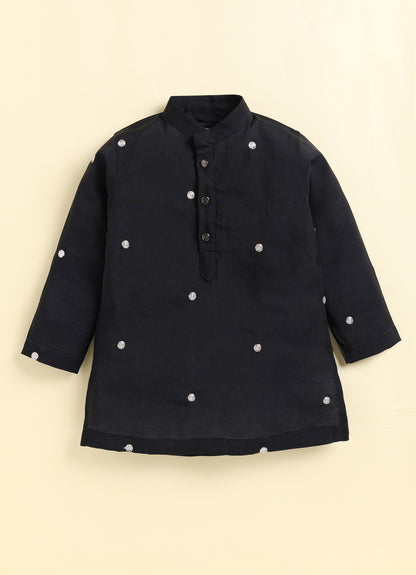 Boys  Silk  Blend Zari Work  Nehru Jacket with Elephant Motifs ,Full Sleeve Kurta and Pajama Ethnic Set - BLACK