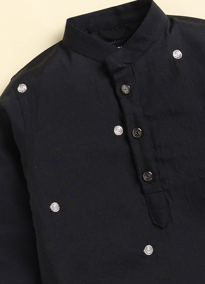 Boys  Silk  Blend Zari Work  Nehru Jacket with Elephant Motifs ,Full Sleeve Kurta and Pajama Ethnic Set - BLACK