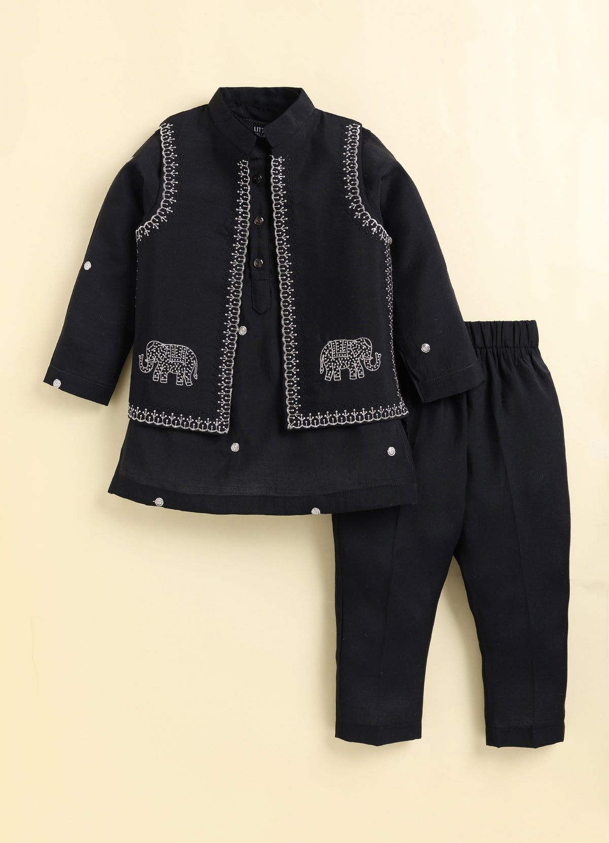 Boys  Silk  Blend Zari Work  Nehru Jacket with Elephant Motifs ,Full Sleeve Kurta and Pajama Ethnic Set - BLACK
