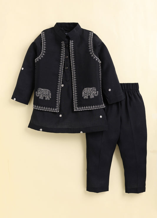 Boys  Silk  Blend Zari Work  Nehru Jacket with Elephant Motifs ,Full Sleeve Kurta and Pajama Ethnic Set - BLACK