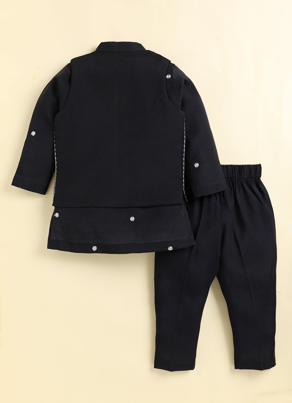 Boys  Silk  Blend Zari Work  Nehru Jacket with Elephant Motifs ,Full Sleeve Kurta and Pajama Ethnic Set - BLACK