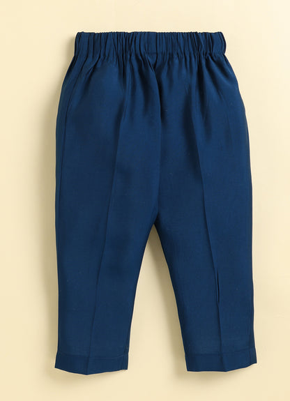 Boys  Silk  Blend Zari Work  Nehru Jacket with Elephant Motifs ,Full Sleeve Kurta and Pajama Ethnic Set - Teal