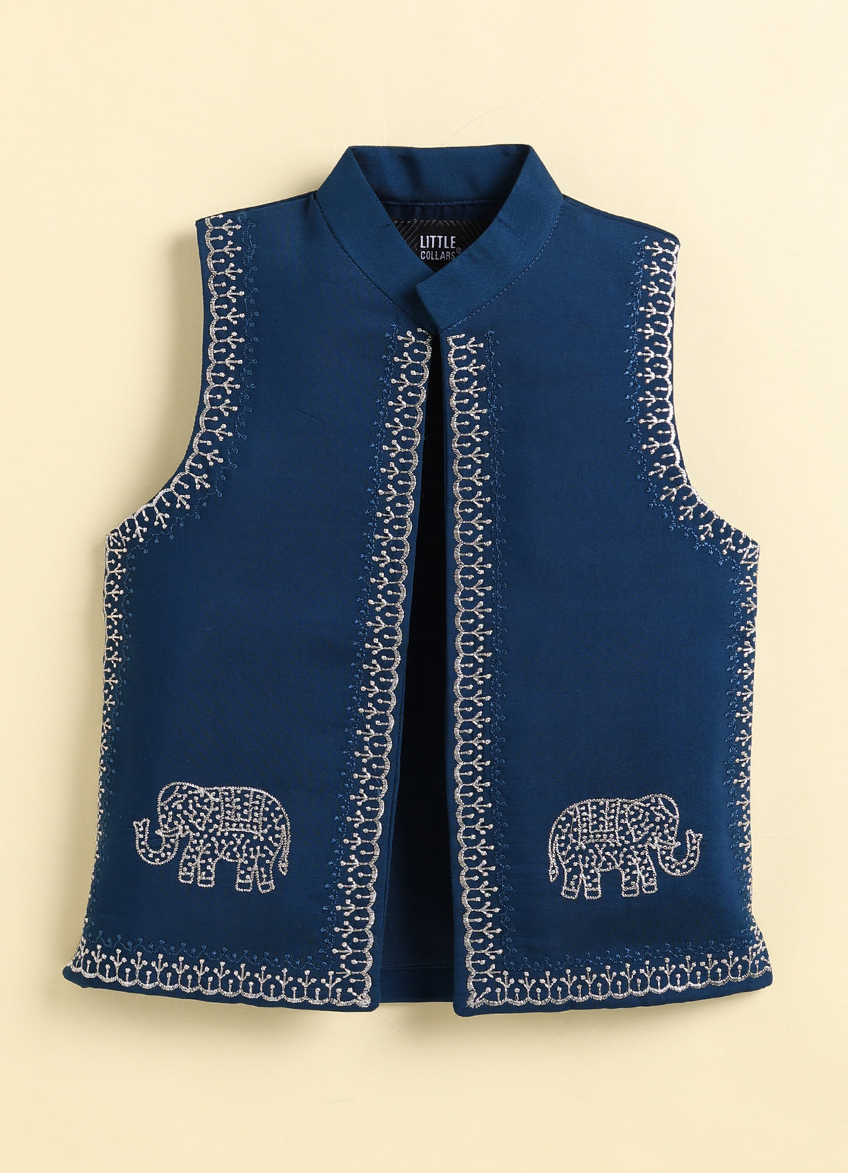 Boys  Silk  Blend Zari Work  Nehru Jacket with Elephant Motifs ,Full Sleeve Kurta and Pajama Ethnic Set - Teal