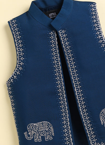 Boys  Silk  Blend Zari Work  Nehru Jacket with Elephant Motifs ,Full Sleeve Kurta and Pajama Ethnic Set - Teal