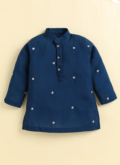 Boys  Silk  Blend Zari Work  Nehru Jacket with Elephant Motifs ,Full Sleeve Kurta and Pajama Ethnic Set - Teal