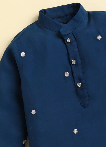 Boys  Silk  Blend Zari Work  Nehru Jacket with Elephant Motifs ,Full Sleeve Kurta and Pajama Ethnic Set - Teal