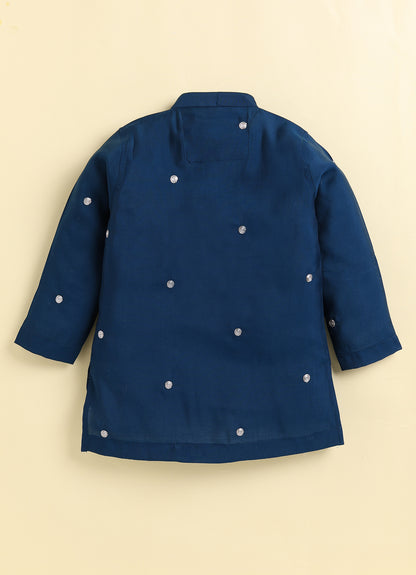 Boys  Silk  Blend Zari Work  Nehru Jacket with Elephant Motifs ,Full Sleeve Kurta and Pajama Ethnic Set - Teal