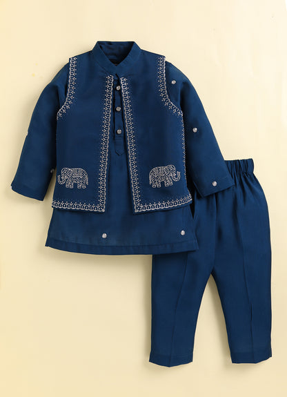 Boys  Silk  Blend Zari Work  Nehru Jacket with Elephant Motifs ,Full Sleeve Kurta and Pajama Ethnic Set - Teal