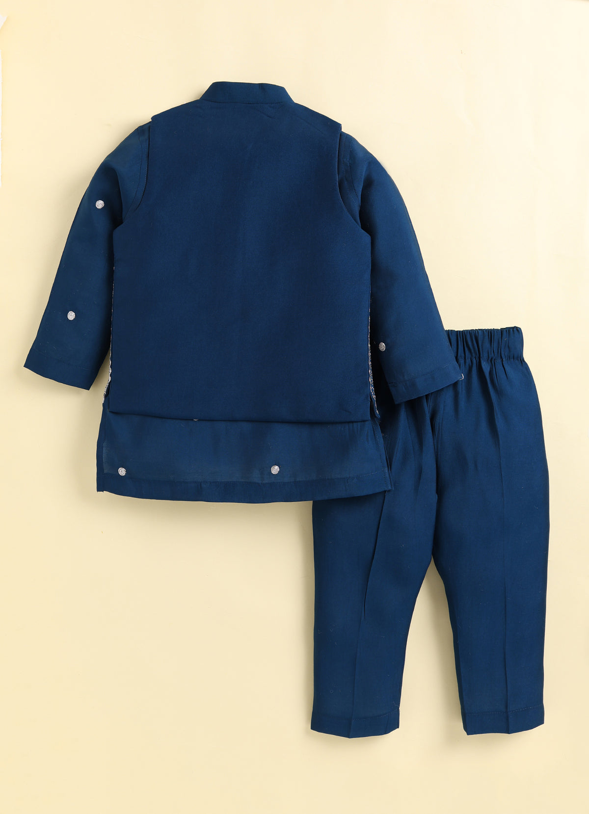 Boys  Silk  Blend Zari Work  Nehru Jacket with Elephant Motifs ,Full Sleeve Kurta and Pajama Ethnic Set - Teal
