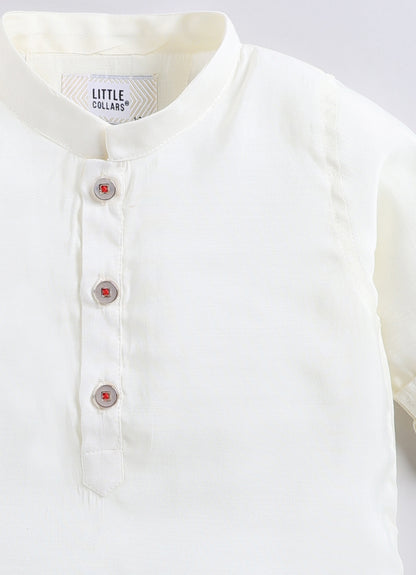 Boys  Silk  Blended Paisley Printed and Embellished Nehru Jacket, Full Sleeve Kurta and Pajama Ethnic Set - Off white