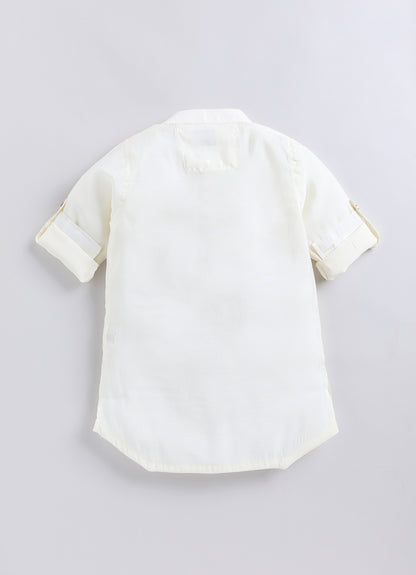 Boys  Silk  Blended Paisley Printed and Embellished Nehru Jacket, Full Sleeve Kurta and Pajama Ethnic Set - Off white