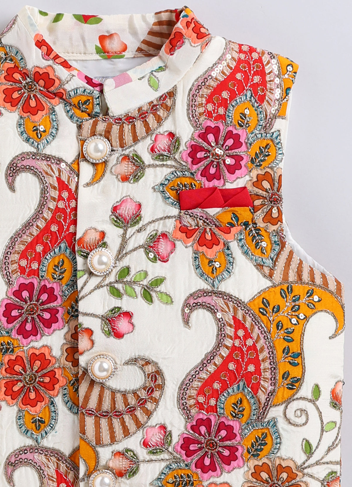Boys  Silk  Blended Paisley Printed and Embellished Nehru Jacket, Full Sleeve Kurta and Pajama Ethnic Set - Off white
