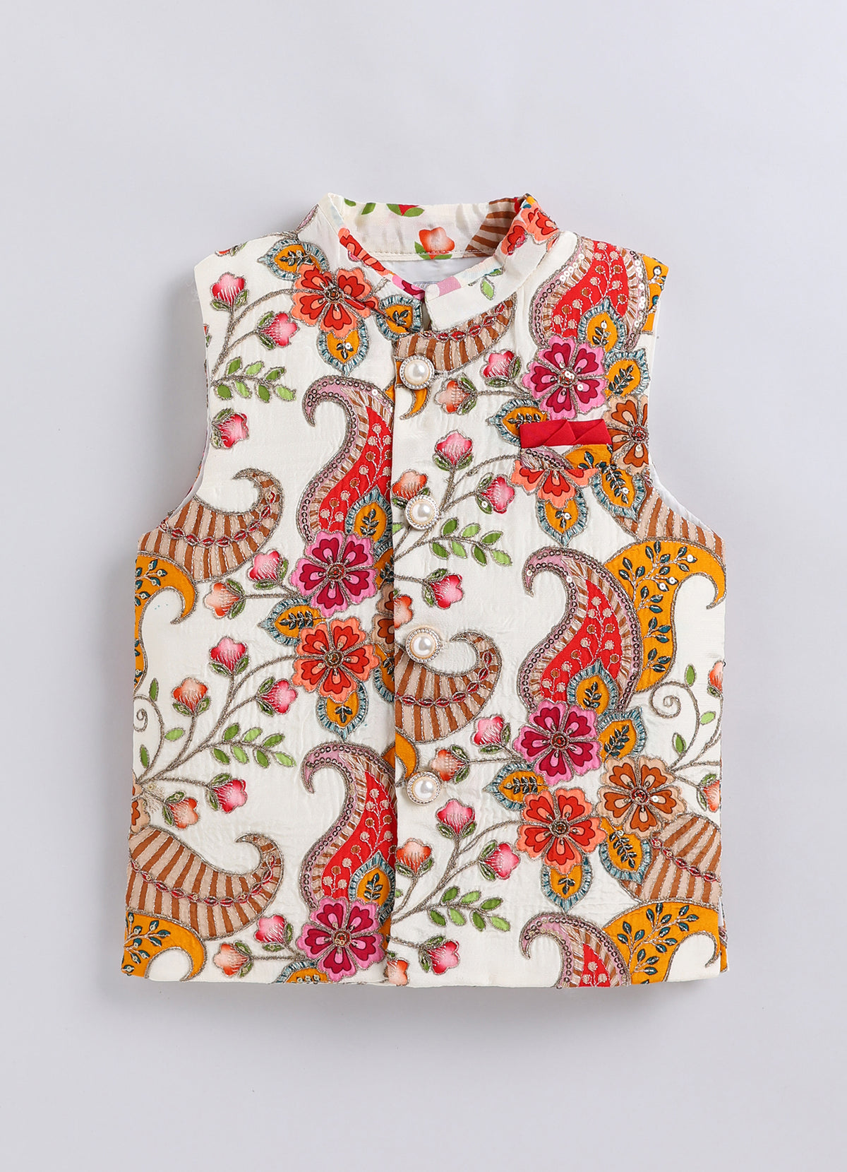 Boys  Silk  Blended Paisley Printed and Embellished Nehru Jacket, Full Sleeve Kurta and Pajama Ethnic Set - Off white