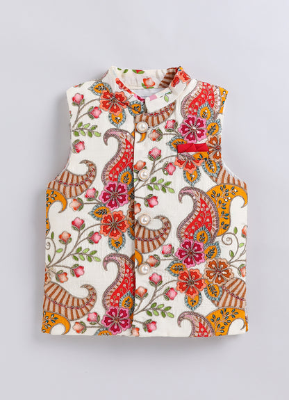 Boys  Silk  Blended Paisley Printed and Embellished Nehru Jacket, Full Sleeve Kurta and Pajama Ethnic Set - Off white
