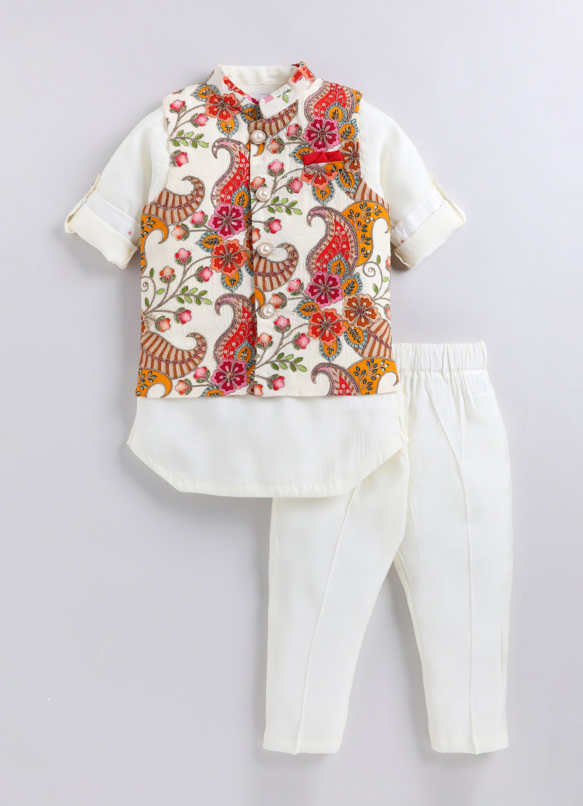 Boys  Silk  Blended Paisley Printed and Embellished Nehru Jacket, Full Sleeve Kurta and Pajama Ethnic Set - Off white