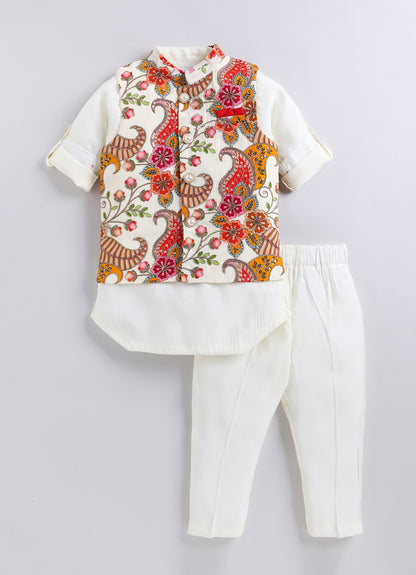 Boys  Silk  Blended Paisley Printed and Embellished Nehru Jacket, Full Sleeve Kurta and Pajama Ethnic Set - Off white