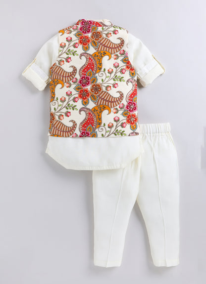 Boys  Silk  Blended Paisley Printed and Embellished Nehru Jacket, Full Sleeve Kurta and Pajama Ethnic Set - Off white