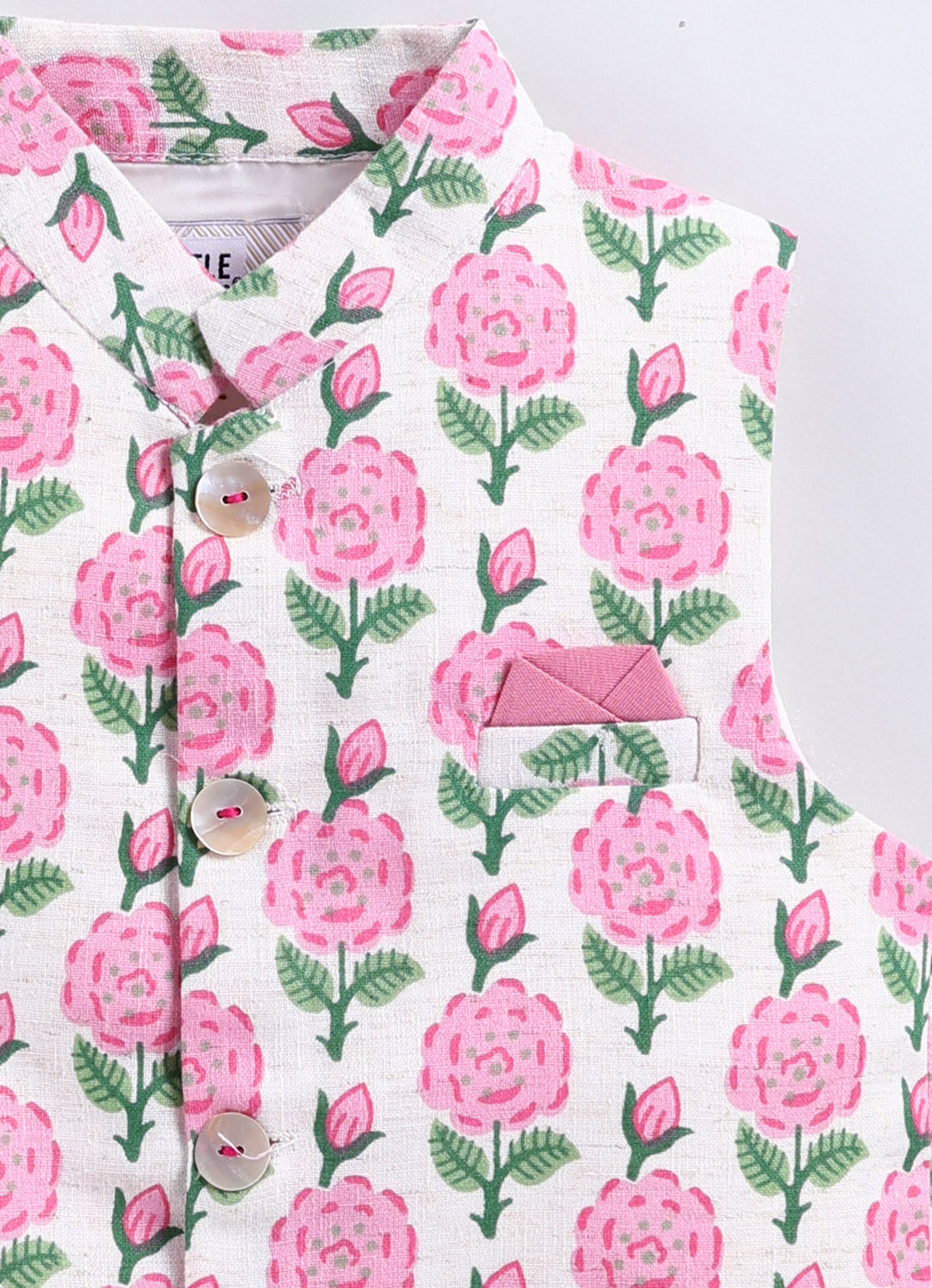 Boys Linen Blend Floral Printed Nehru Jacket, Full Sleeve Kurta and Pajama Ethnic Set - Pink