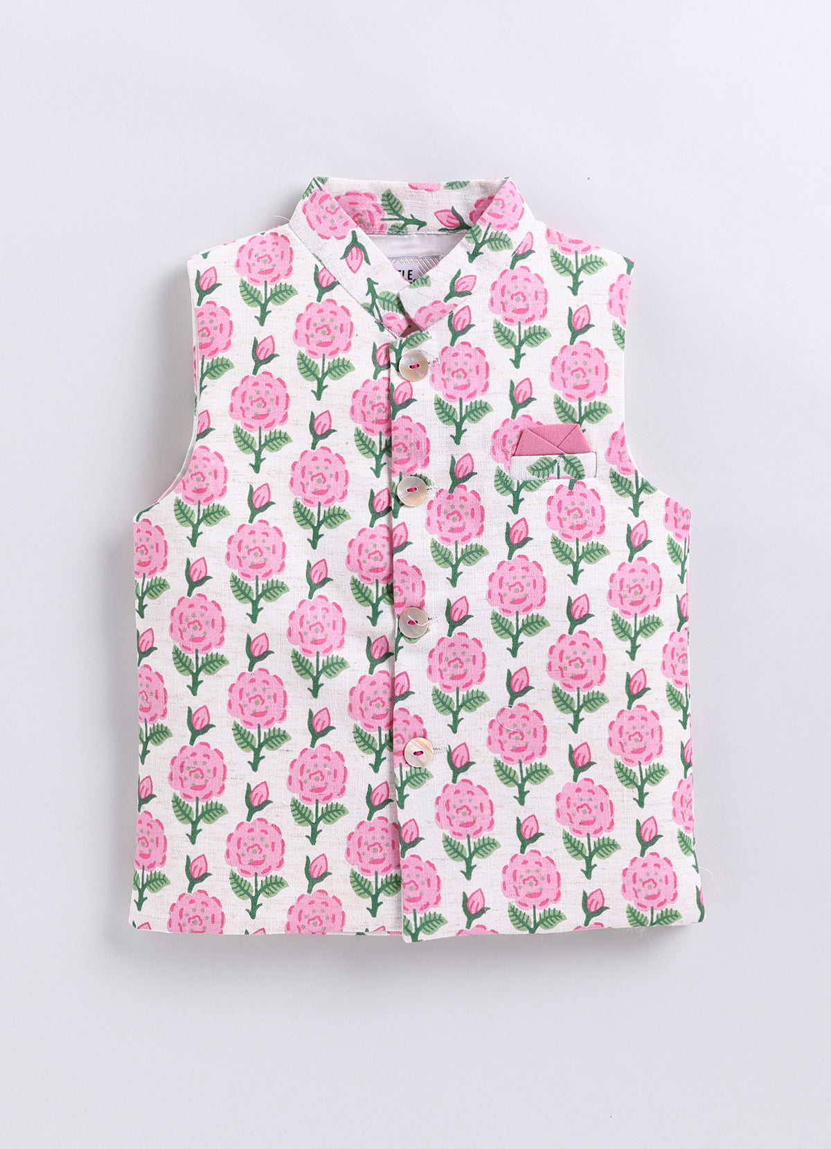 Boys Linen Blend Floral Printed Nehru Jacket, Full Sleeve Kurta and Pajama Ethnic Set - Pink