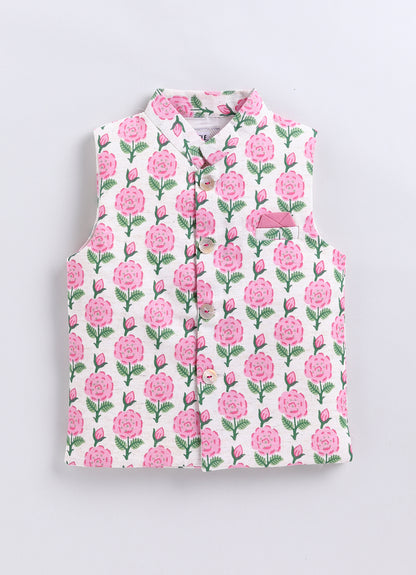 Boys Linen Blend Floral Printed Nehru Jacket, Full Sleeve Kurta and Pajama Ethnic Set - Pink