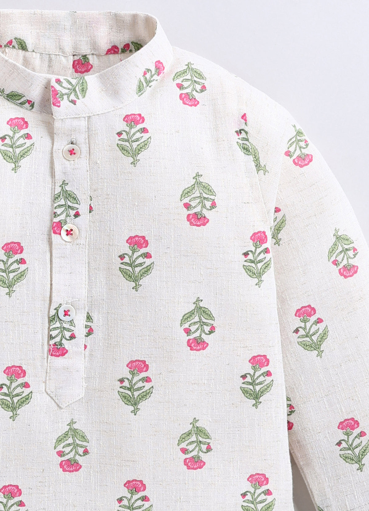 Boys Linen Blend Floral Printed Nehru Jacket, Full Sleeve Kurta and Pajama Ethnic Set - Pink