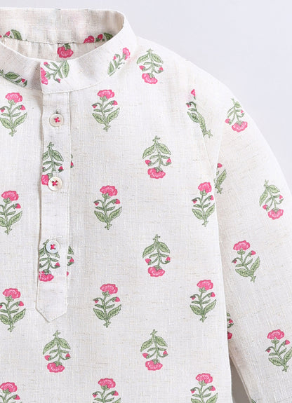 Boys Linen Blend Floral Printed Nehru Jacket, Full Sleeve Kurta and Pajama Ethnic Set - Pink
