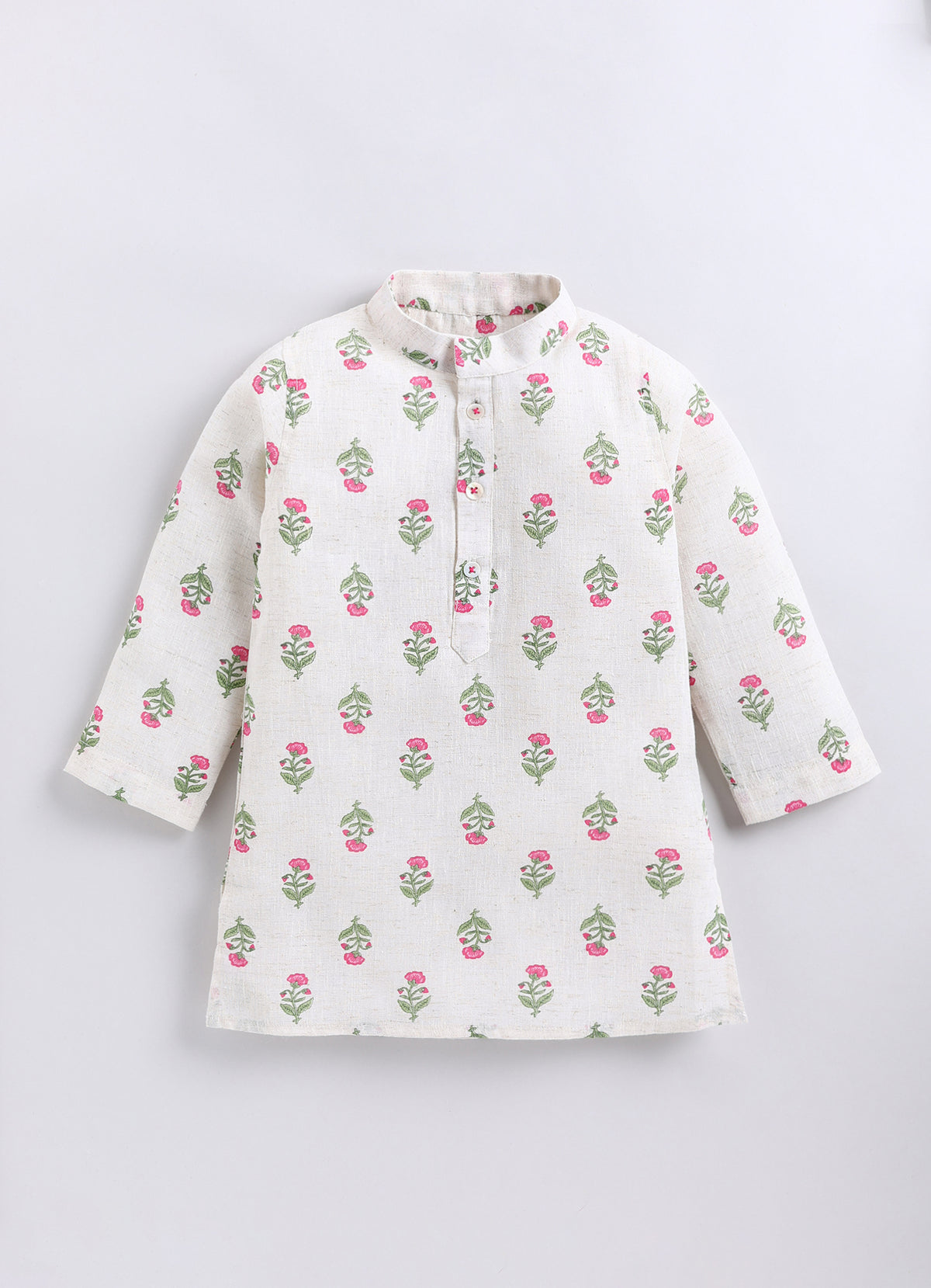 Boys Linen Blend Floral Printed Nehru Jacket, Full Sleeve Kurta and Pajama Ethnic Set - Pink