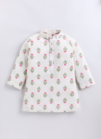 Boys Linen Blend Floral Printed Nehru Jacket, Full Sleeve Kurta and Pajama Ethnic Set - Pink