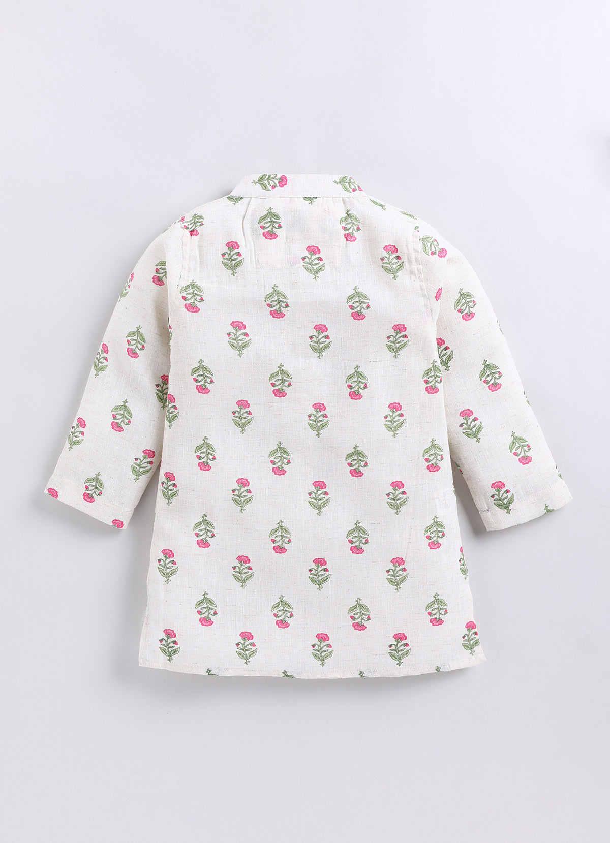 Boys Linen Blend Floral Printed Nehru Jacket, Full Sleeve Kurta and Pajama Ethnic Set - Pink