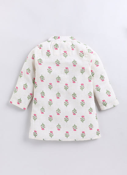 Boys Linen Blend Floral Printed Nehru Jacket, Full Sleeve Kurta and Pajama Ethnic Set - Pink