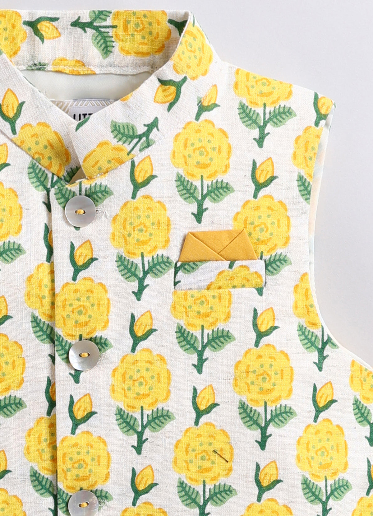 Boys Linen Blend Floral Printed Nehru Jacket, Full Sleeve Kurta and Pajama Ethnic Set - YELLOW