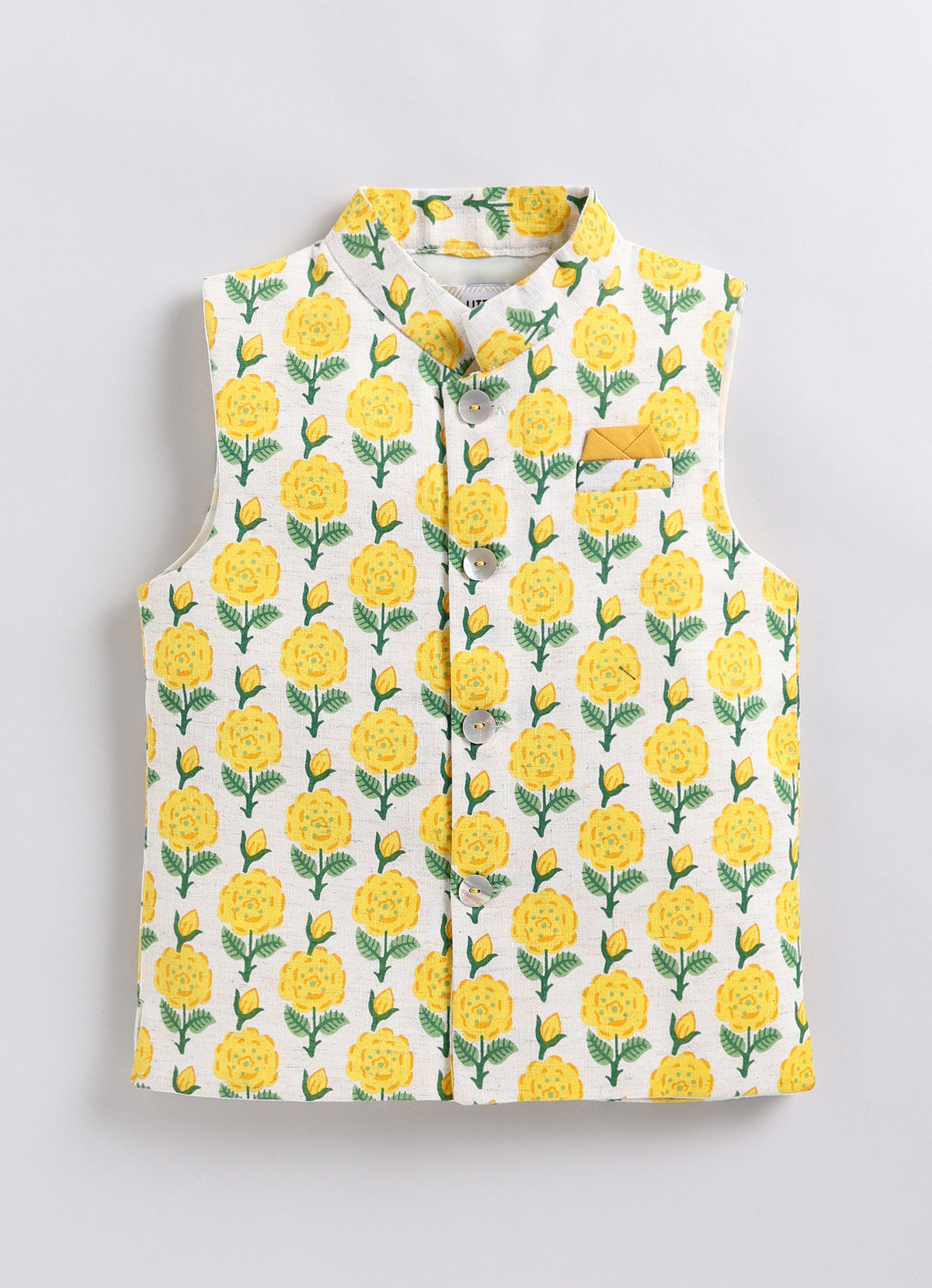 Boys Linen Blend Floral Printed Nehru Jacket, Full Sleeve Kurta and Pajama Ethnic Set - YELLOW