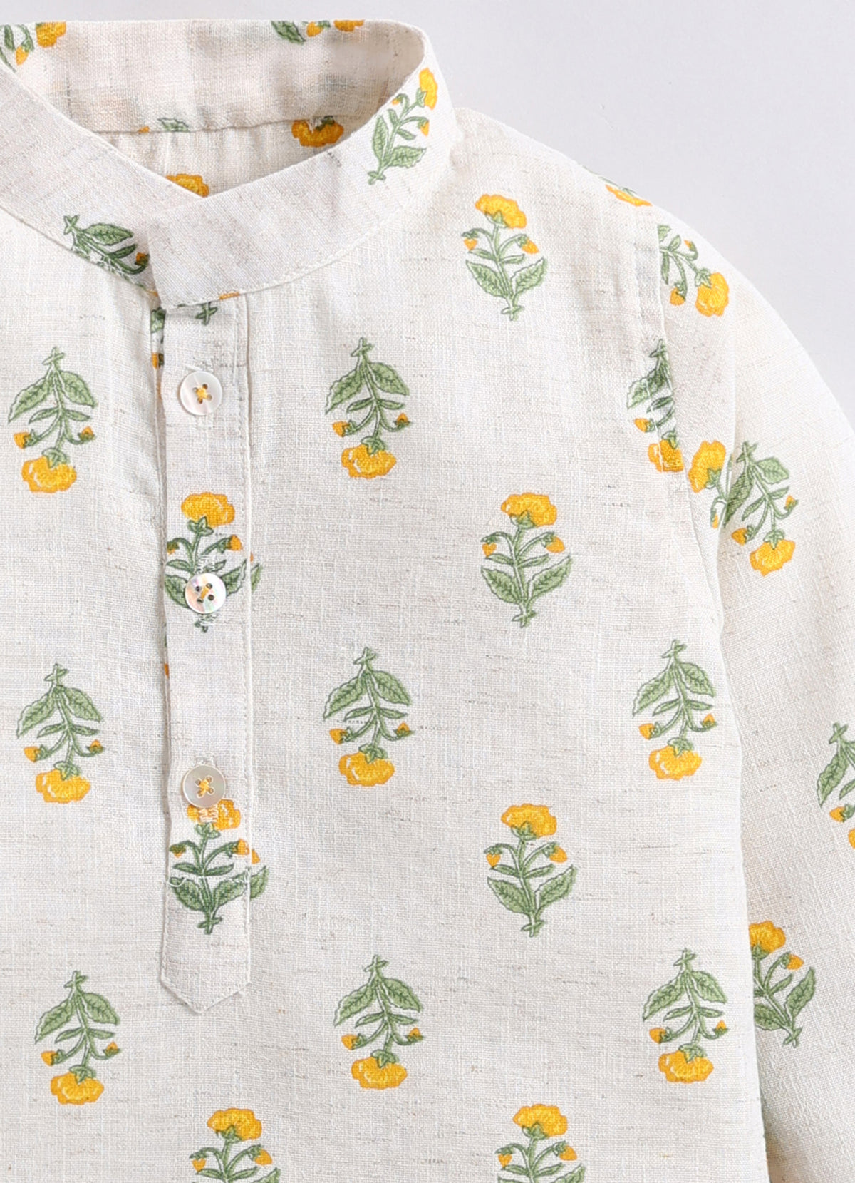 Boys Linen Blend Floral Printed Nehru Jacket, Full Sleeve Kurta and Pajama Ethnic Set - YELLOW