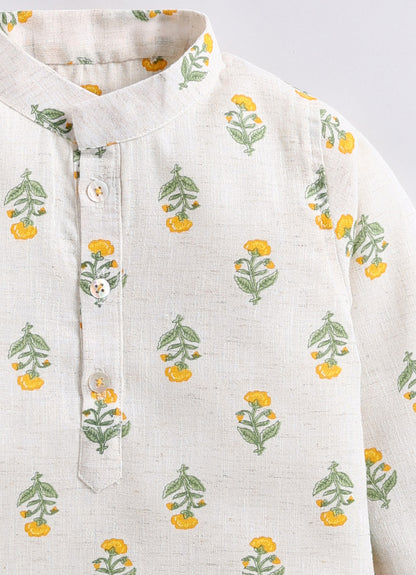 Boys Linen Blend Floral Printed Nehru Jacket, Full Sleeve Kurta and Pajama Ethnic Set - YELLOW