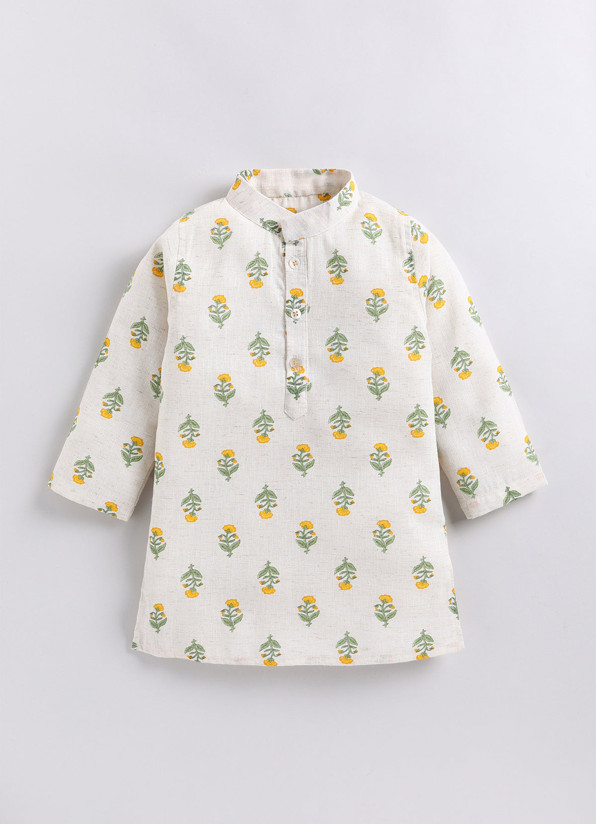 Boys Linen Blend Floral Printed Nehru Jacket, Full Sleeve Kurta and Pajama Ethnic Set - YELLOW