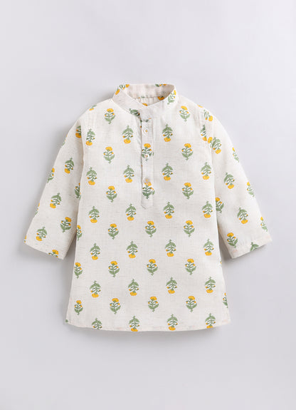 Boys Linen Blend Floral Printed Nehru Jacket, Full Sleeve Kurta and Pajama Ethnic Set - YELLOW