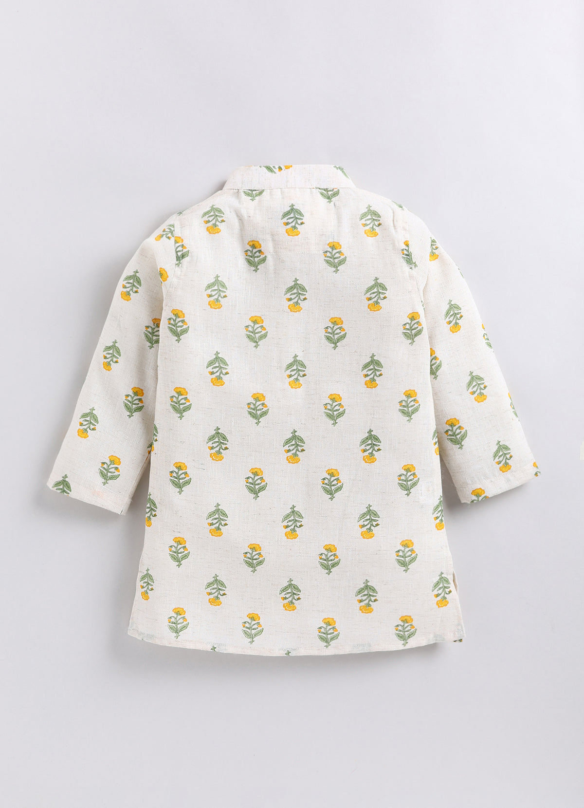 Boys Linen Blend Floral Printed Nehru Jacket, Full Sleeve Kurta and Pajama Ethnic Set - YELLOW
