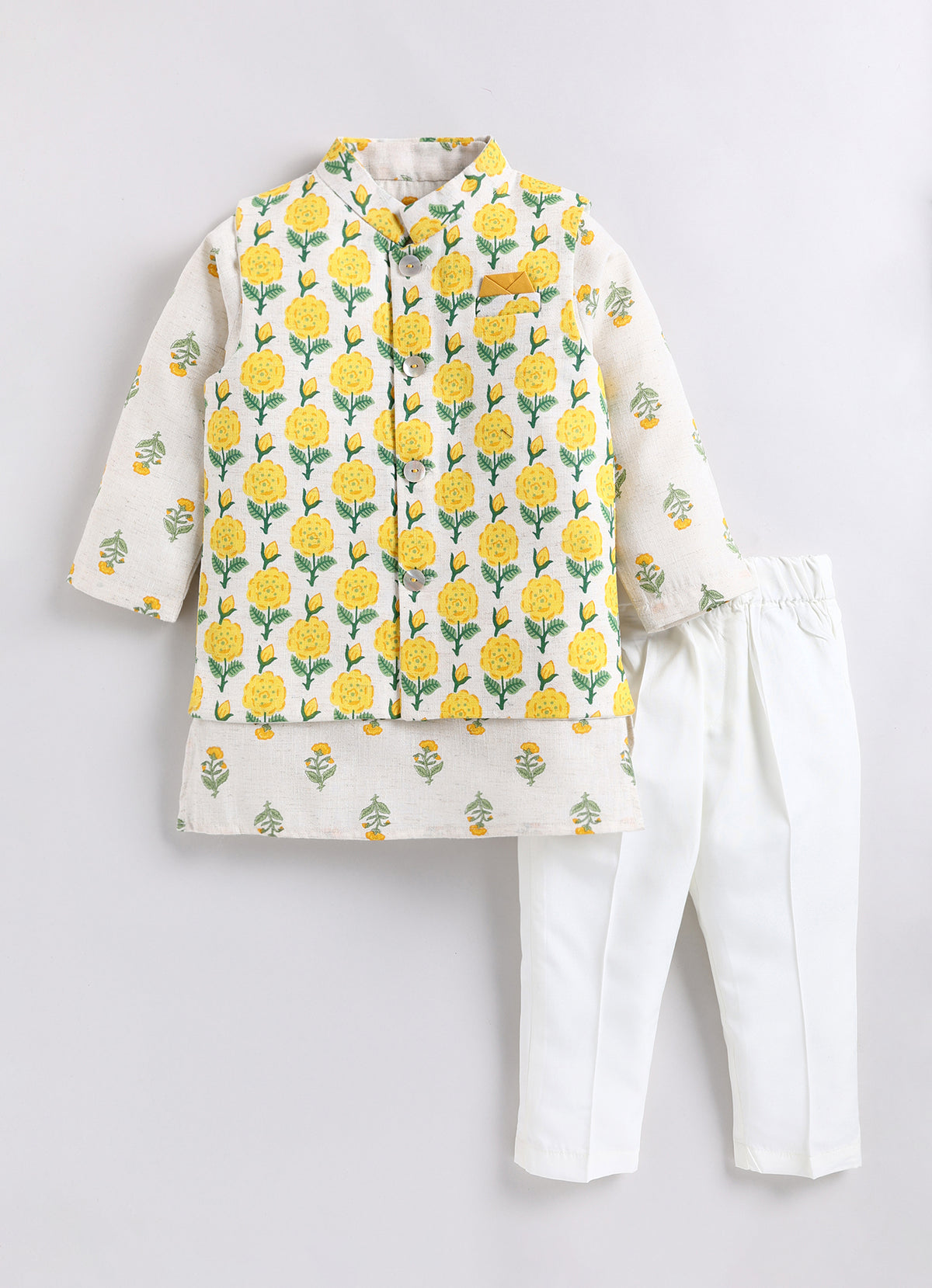 Boys Linen Blend Floral Printed Nehru Jacket, Full Sleeve Kurta and Pajama Ethnic Set - YELLOW