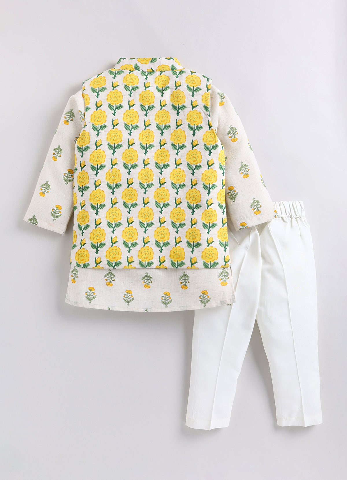 Boys Linen Blend Floral Printed Nehru Jacket, Full Sleeve Kurta and Pajama Ethnic Set - YELLOW