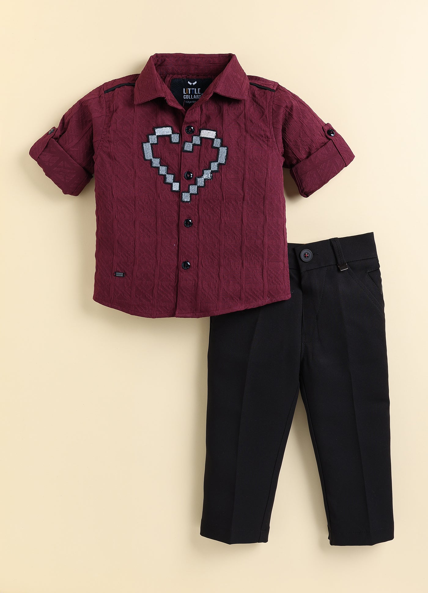 Boys  Full Sleeves Formal Jaquard and Heart Patch Shirt and Trousers with Bow Set- Maroon