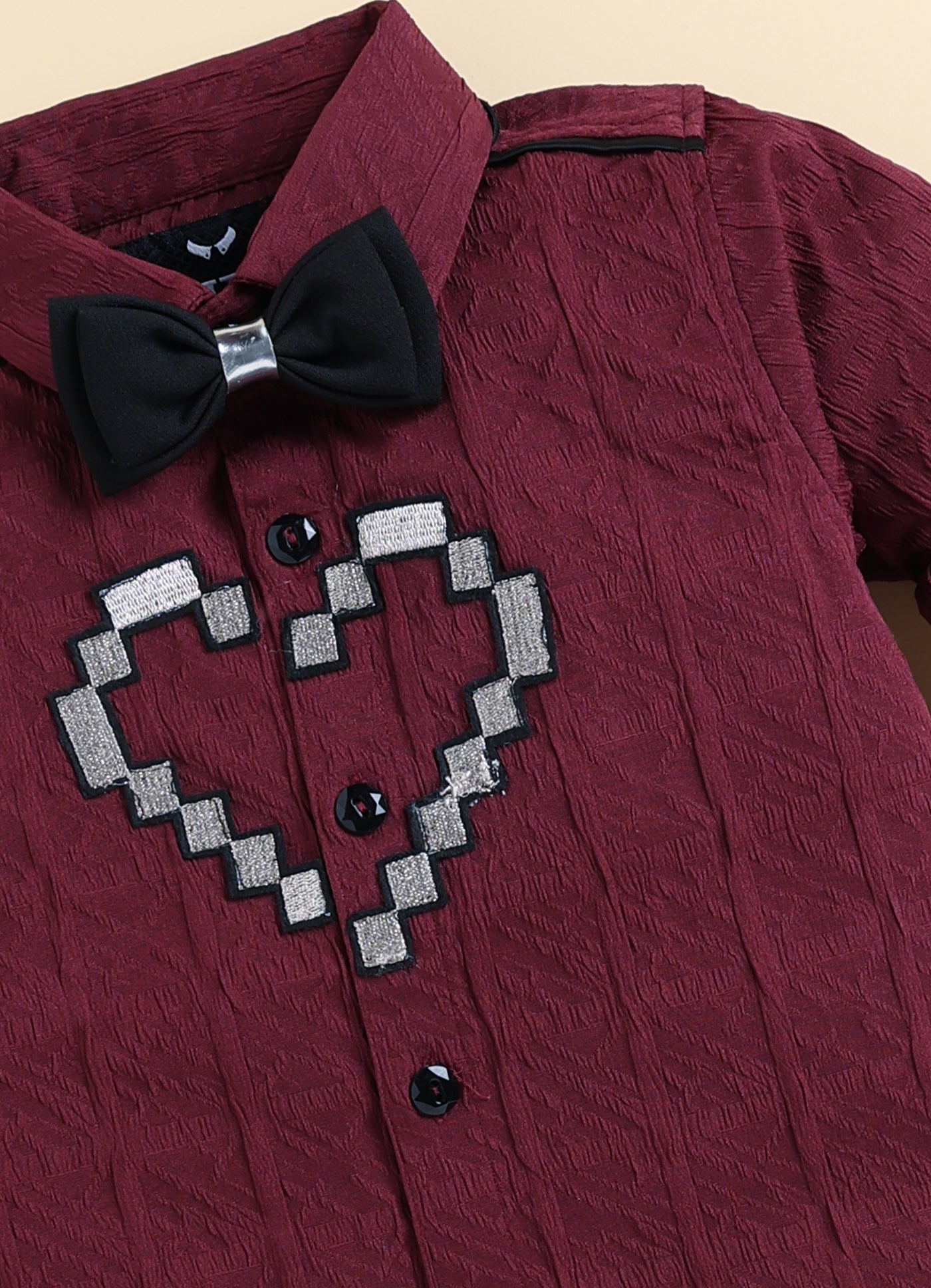 Boys  Full Sleeves Formal Jaquard and Heart Patch Shirt and Trousers with Bow Set- Maroon
