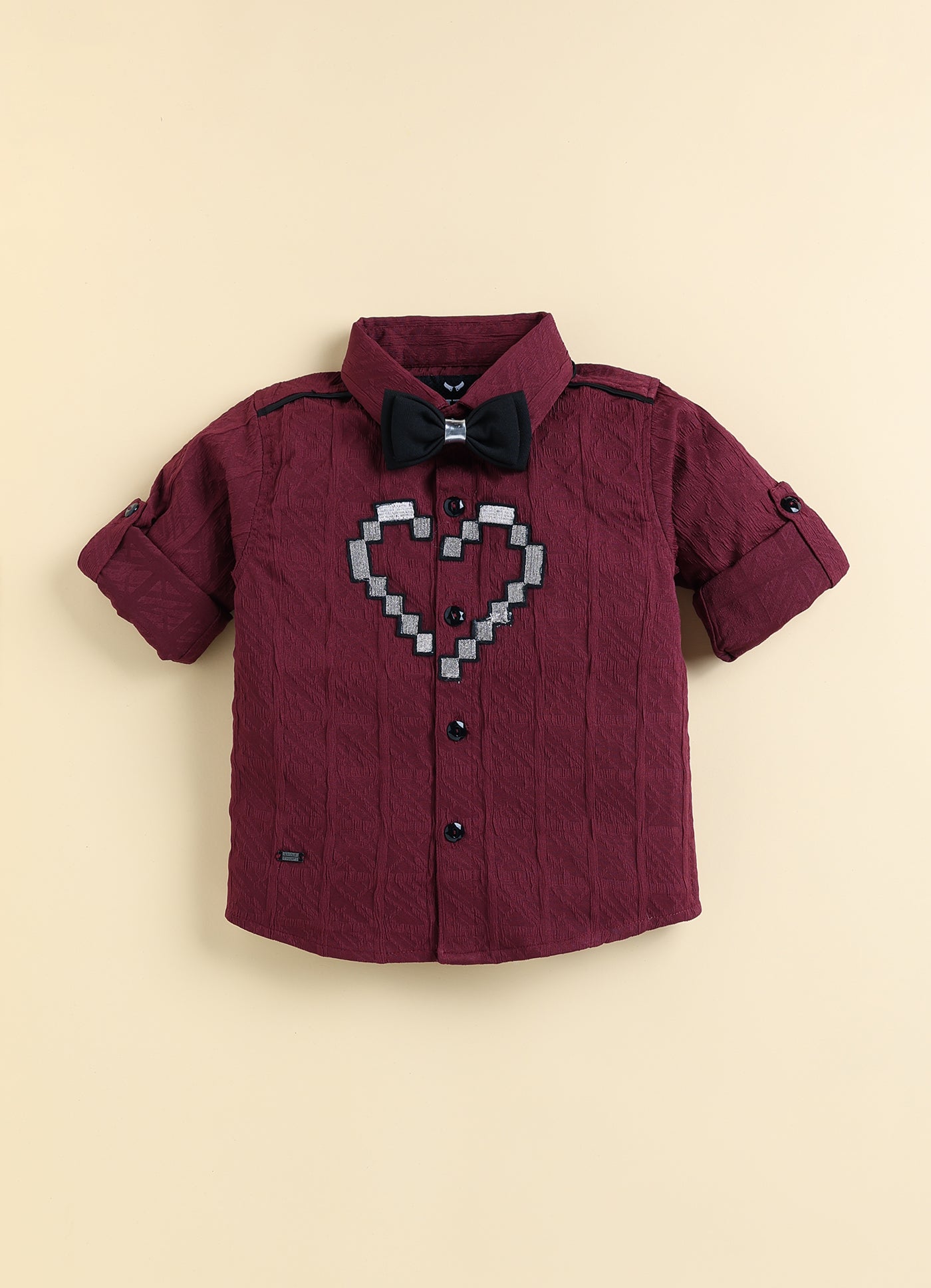 Boys  Full Sleeves Formal Jaquard and Heart Patch Shirt and Trousers with Bow Set- Maroon