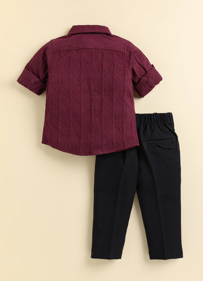 Boys  Full Sleeves Formal Jaquard and Heart Patch Shirt and Trousers with Bow Set- Maroon