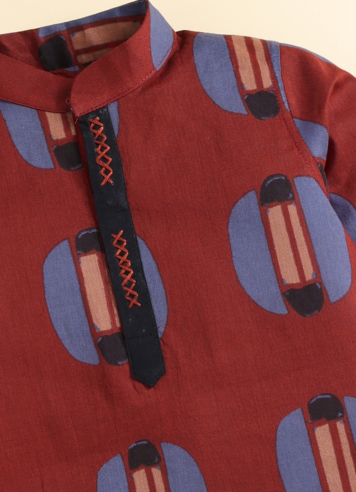 Boys 100% Pure Cotton Jaipuri Print Full Sleeve Patiala Ethnic Set with Handwork Detailing on Box - RED