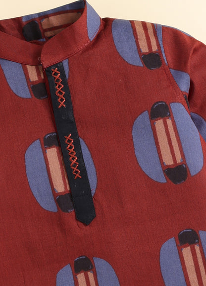 Boys 100% Pure Cotton Jaipuri Print Full Sleeve Patiala Ethnic Set with Handwork Detailing on Box - RED