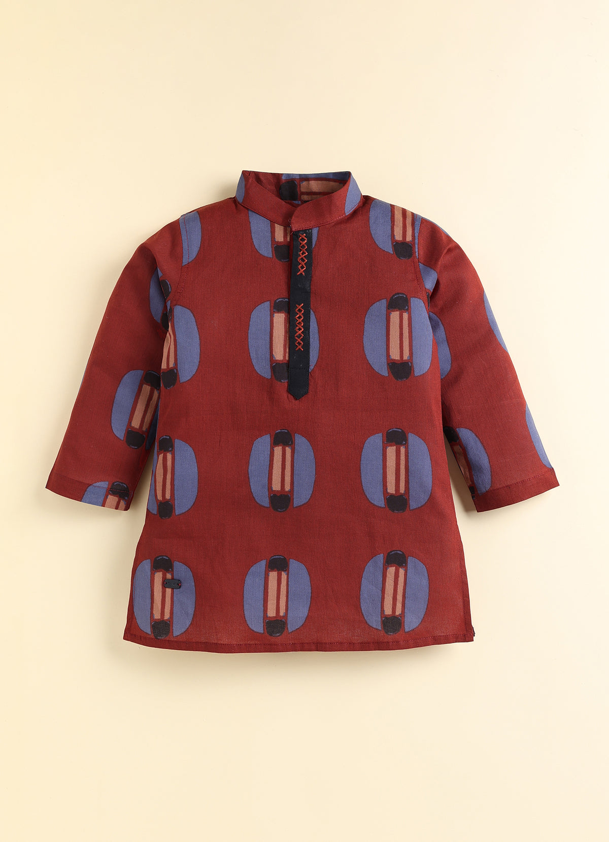 Boys 100% Pure Cotton Jaipuri Print Full Sleeve Patiala Ethnic Set with Handwork Detailing on Box - RED