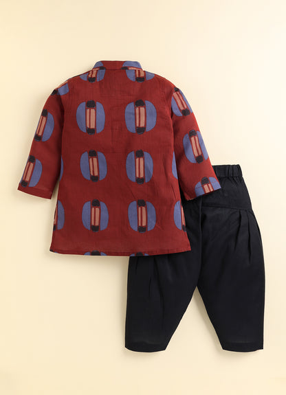 Boys 100% Pure Cotton Jaipuri Print Full Sleeve Patiala Ethnic Set with Handwork Detailing on Box - RED