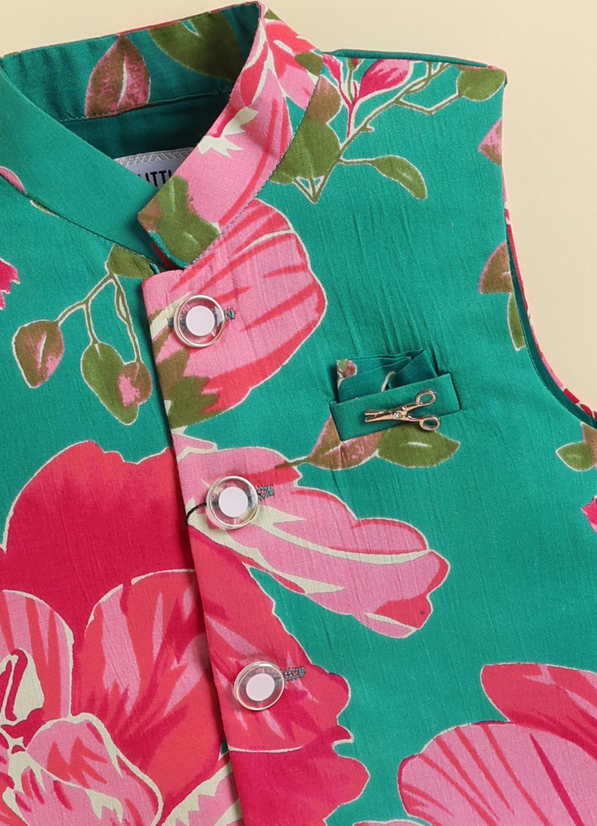 Boys Pure Cotton Woven Bright Floral Jaipuri Printed Full Sleeve Kurta and Pajama Ethnic Set - Green