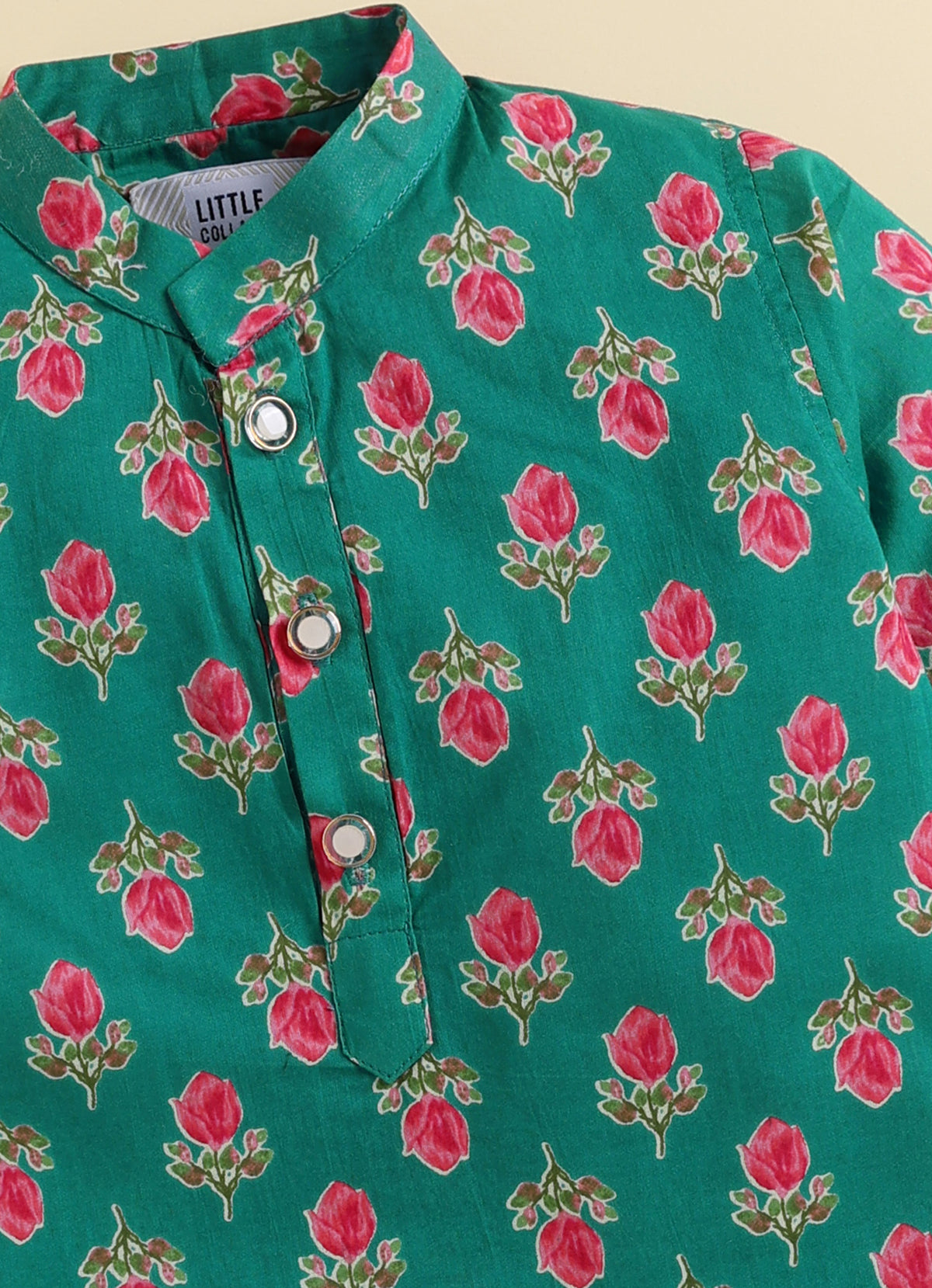Boys Pure Cotton Woven Bright Floral Jaipuri Printed Full Sleeve Kurta and Pajama Ethnic Set - Green